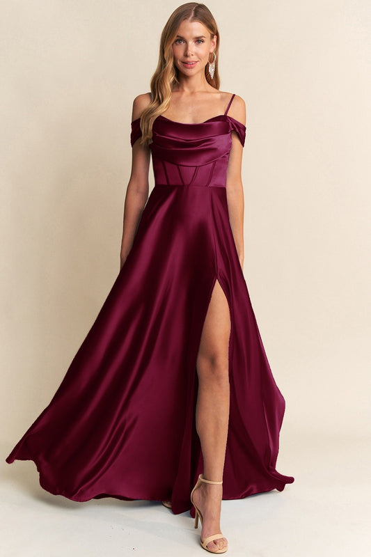 Victoria Satin Dress in Wine