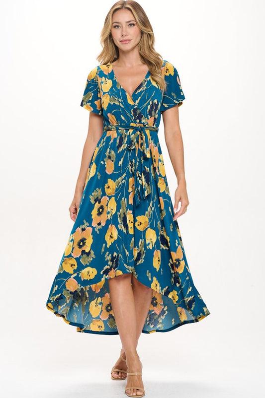 Summer in Spain Hi Lo Dress Teal/Yellow
