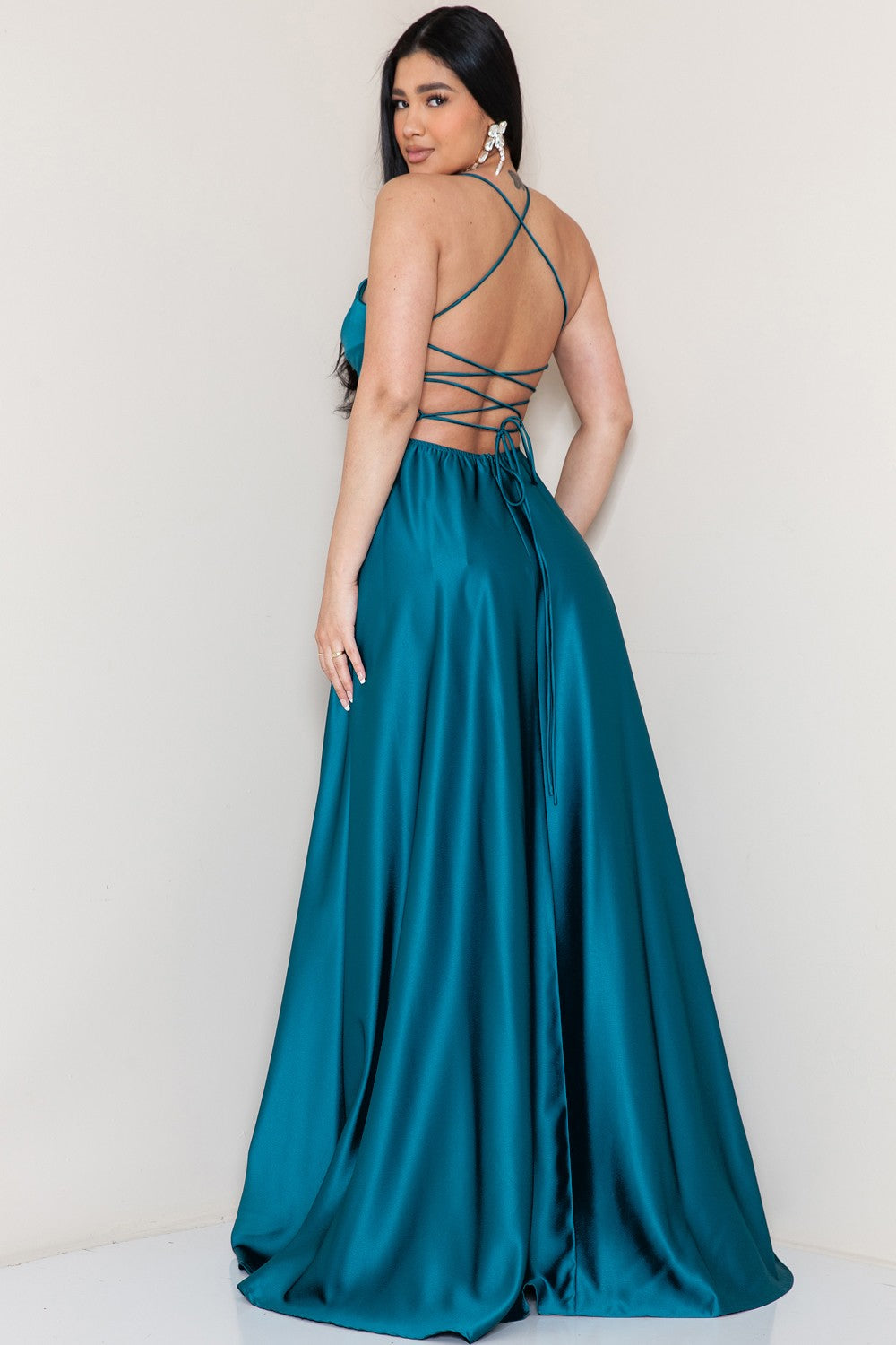 Camila Satin Dress in Teal Blue