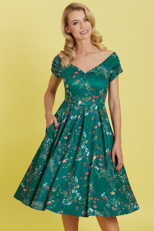 Miss Lily Dress in Green Bird