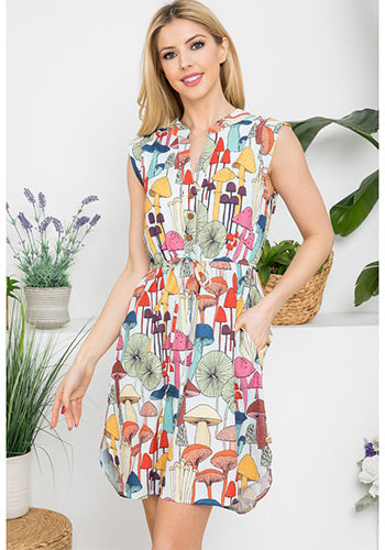 French Cafe Dress in White Shrooms - Plus