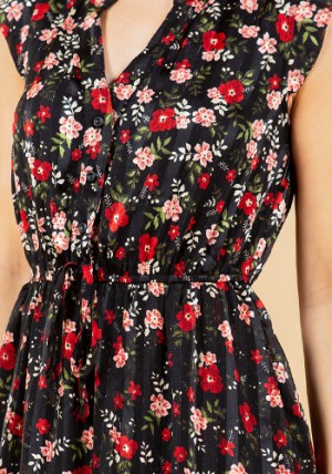 French Cafe Dress in Black Red Floral