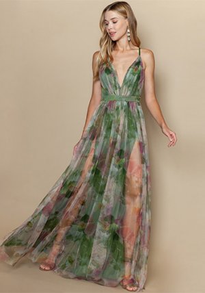 Sasha Tulle Maxi Dress in Multi Green