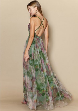 Sasha Tulle Maxi Dress in Multi Green