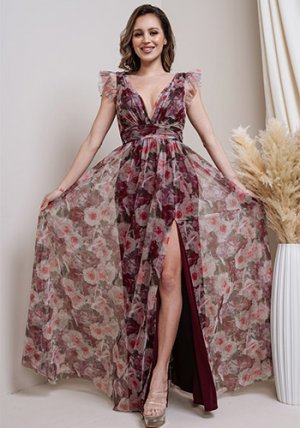 Flora Tulle Dress in Burgundy