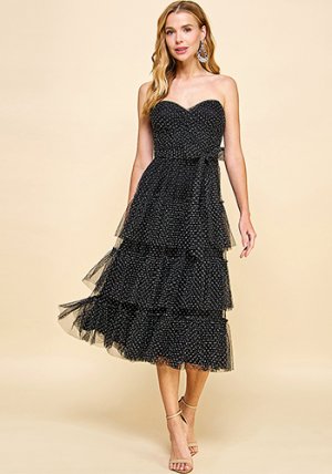 PRE-ORDER:Kelly Midi Tulle Dress in Black Dots
