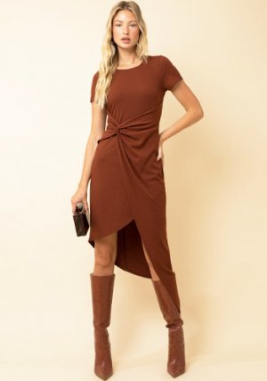 A Drink Or Two Ribbbed Dress in Brown