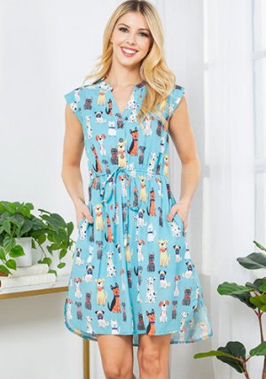 PRE-ORDER JUNE: French Cafe Dress in Light Blue Dogs