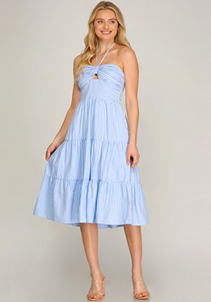 Honeymooner Striped Midi Dress in Blue