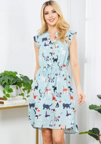 French Cafe Dress in Blue Cats