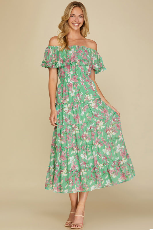 PRE-ORDER: Off Shoulder Green Dress
