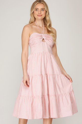 Honeymooner Striped Midi Dress in Pink