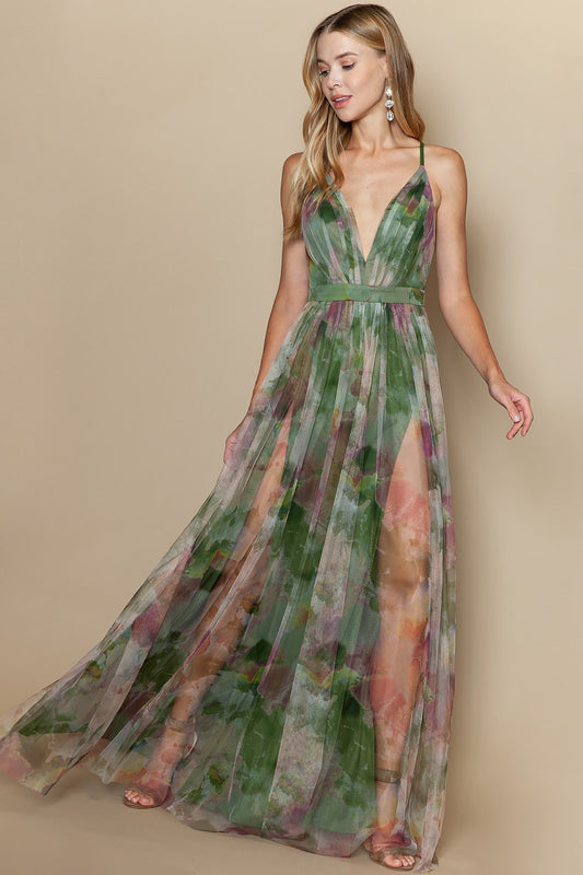 Sasha Tulle Maxi Dress in Multi Green