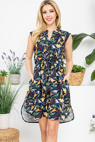 French Cafe Dress in Multi Dino