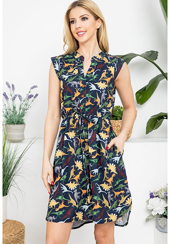 French Cafe Dress in Multi Dino