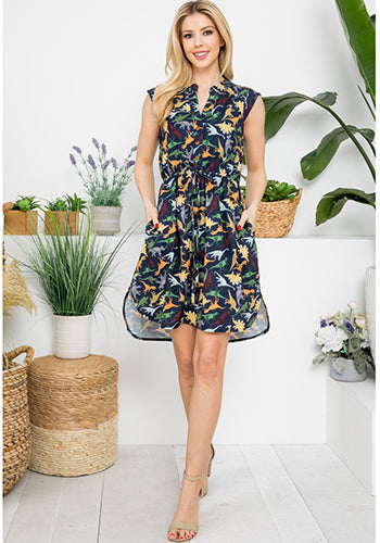 French Cafe Dress in Multi Dino