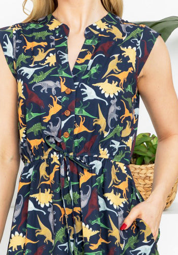 French Cafe Dress in Multi Dino