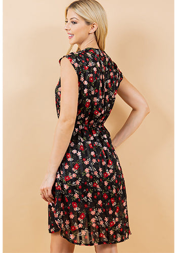 French Cafe Dress in Red Floral