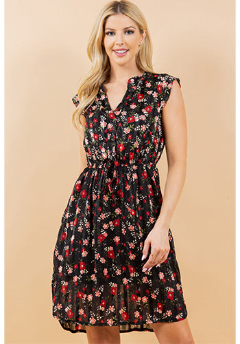 French Cafe Dress in Red Floral