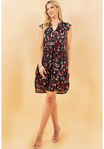 French Cafe Dress in Red Floral