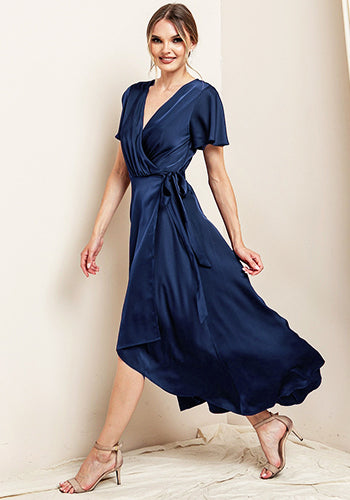 Stephanie Satin Hi Lo Dress in Navy