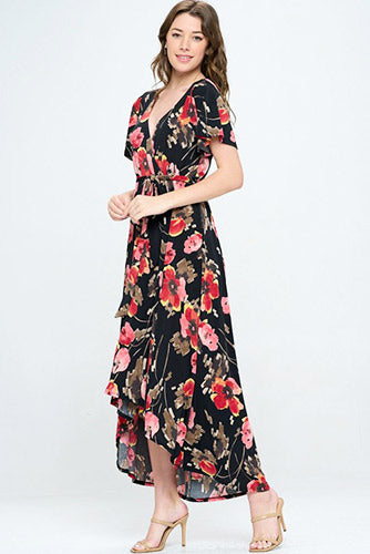 Summer in Spain Hi Lo Dress in Black Red Floral