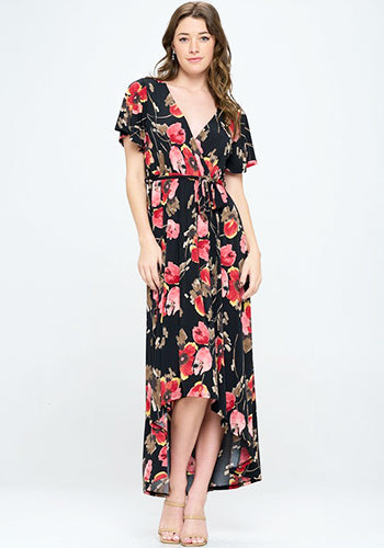 Summer in Spain Hi Lo Dress in Black Red Floral