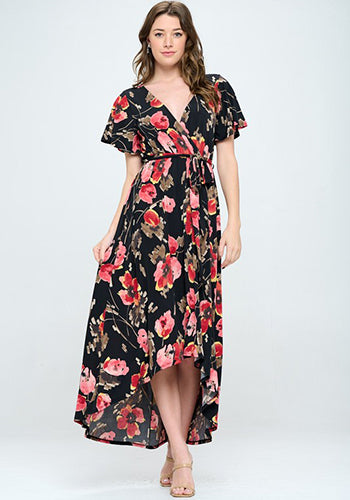 Summer in Spain Hi Lo Dress in Black Red Floral