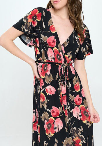 Summer in Spain Hi Lo Dress in Black Red Floral