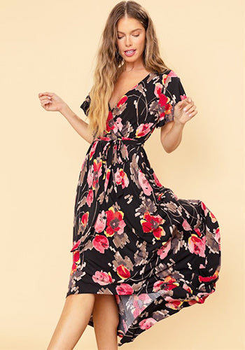 Summer in Spain Hi Lo Dress in Black Red Floral