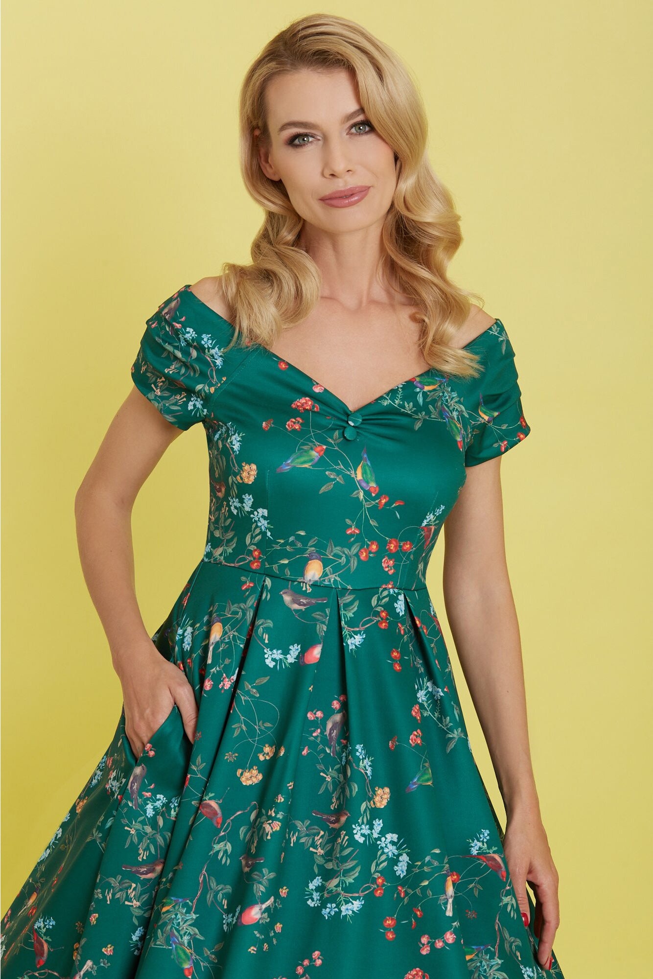 Lily Retro Dress in Green Bird