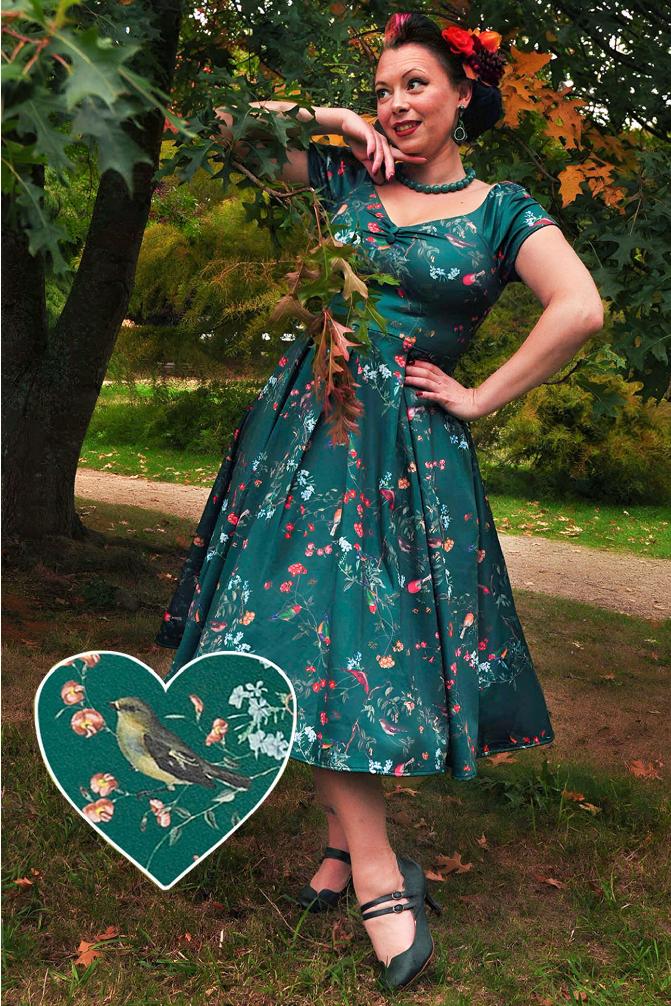 Lily Retro Dress in Green Bird