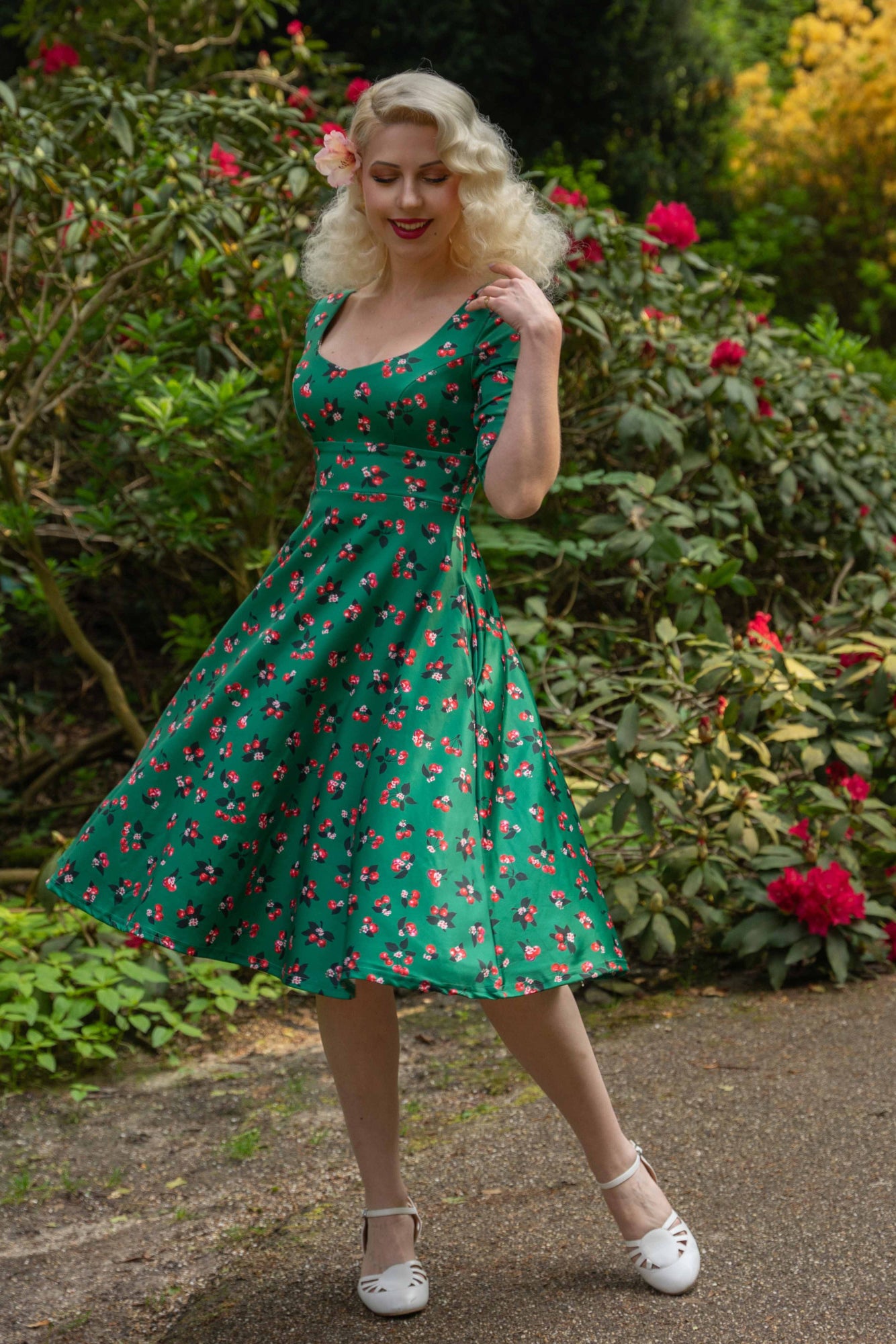 Scarlette Dress in Green Cherry