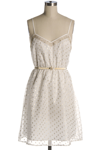 white and gold polka dot dress